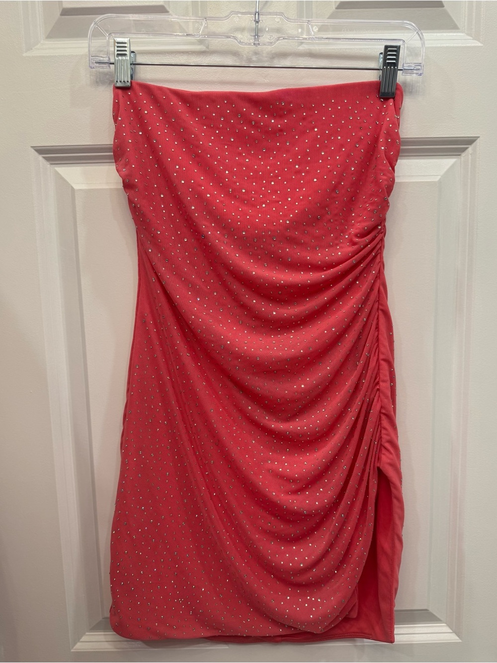 Lucy in the Sky Hot Pink Strapless Ruched Rhinestone Mini Dress